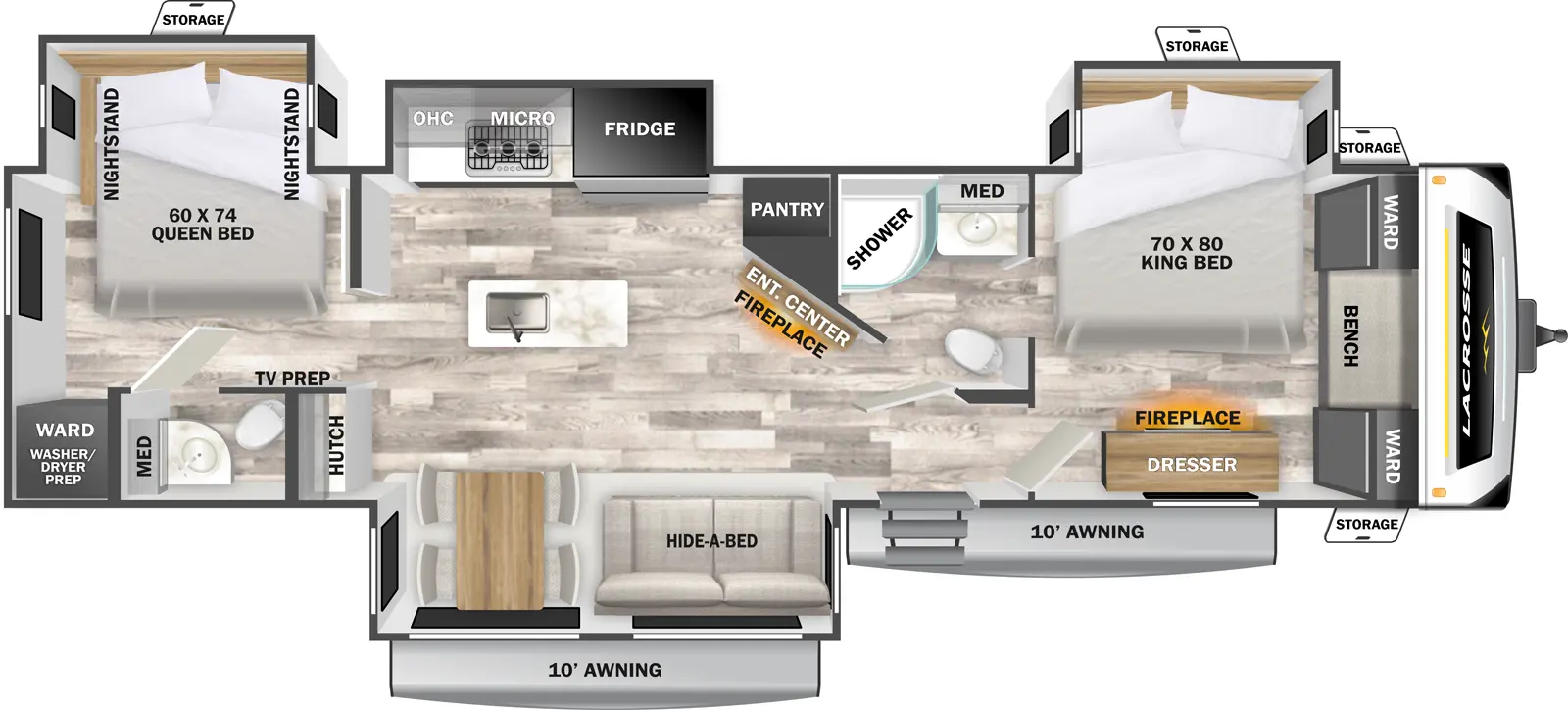 The LaCrosse 3510DB floorplan has one entry and four slide outs. Exterior features include: fiberglass exterior and 10' & 10' awning. Interiors features include: kitchen island, free-standing dinette option, front bedroom, rear bedroom, two bedrooms and bathroom and a half.